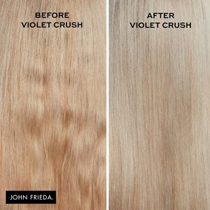 Before and after shot of the effect of purple shampoo on brassy blonde hair